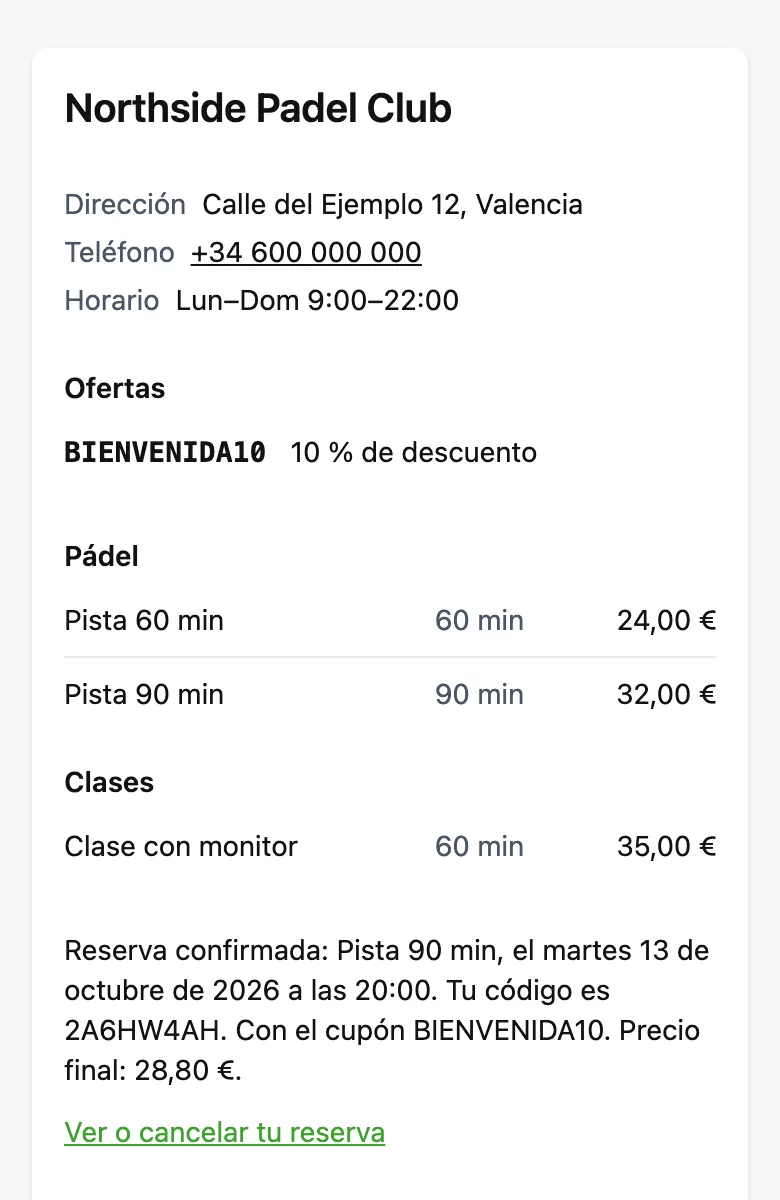 Bookings on a phone: booking confirmed with date, time, code, the coupon applied and the discounted price.