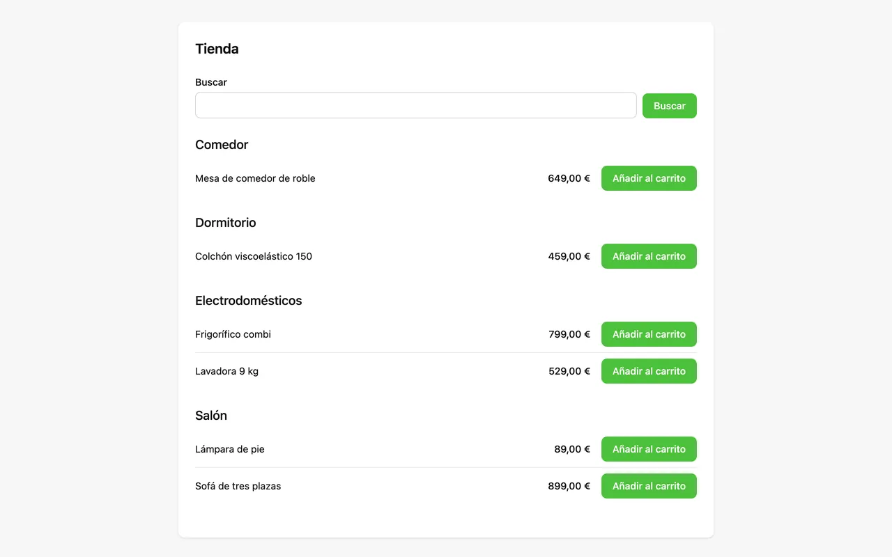 The shop catalogue, grouped by category, each item with its price and an "Add to cart" button — the button the first version did not have. Invented data; the interface is in Spanish.